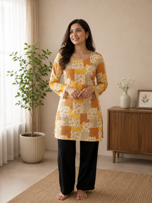 Mustard colour elegant floral printed rayon kurti casual wear collection 1