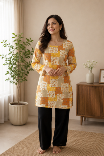 Mustard colour elegant floral printed rayon kurti casual wear collection