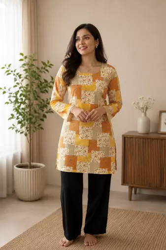 Mustard colour elegant floral printed rayon kurti casual wear collection