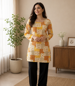 Mustard colour elegant floral printed rayon kurti casual wear collection