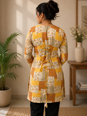 Mustard colour elegant floral printed rayon kurti casual wear collection 2
