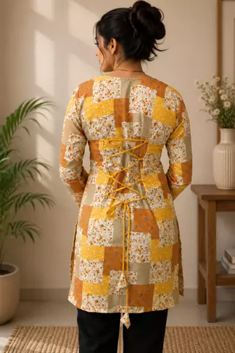 Mustard colour elegant floral printed rayon kurti casual wear collection