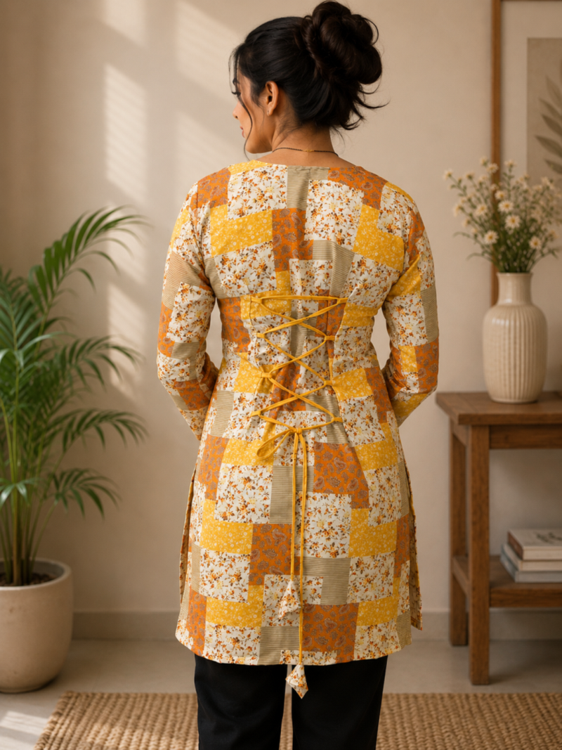 Mustard colour elegant floral printed rayon kurti casual wear collection