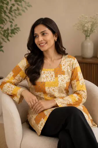 Mustard colour elegant floral printed rayon kurti casual wear collection
