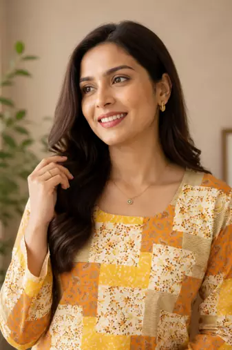 Mustard colour elegant floral printed rayon kurti casual wear collection