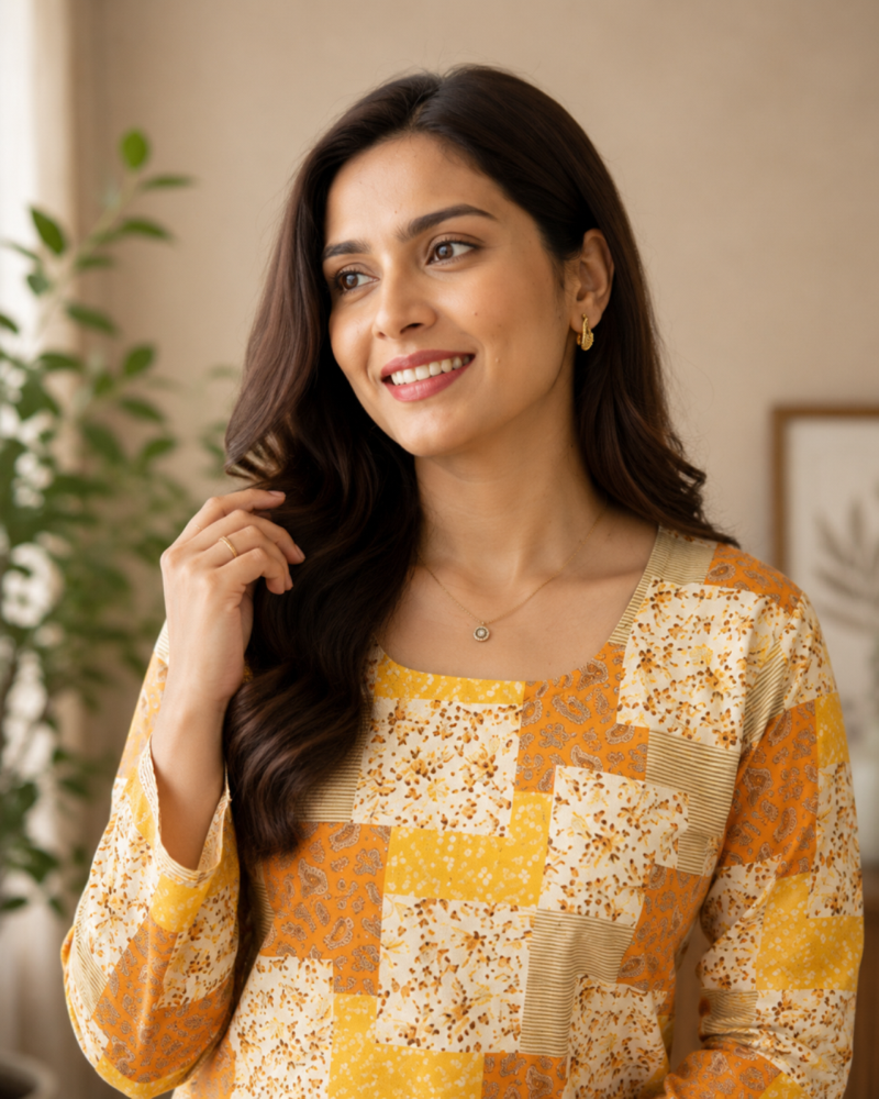 Mustard colour elegant floral printed rayon kurti casual wear collection
