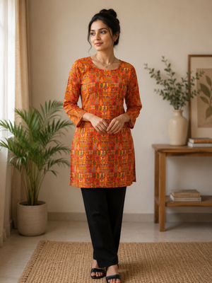 Orange colour elegant floral printed rayon kurti casual wear collection 1