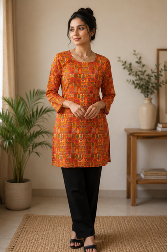 Orange colour elegant floral printed rayon kurti casual wear collection