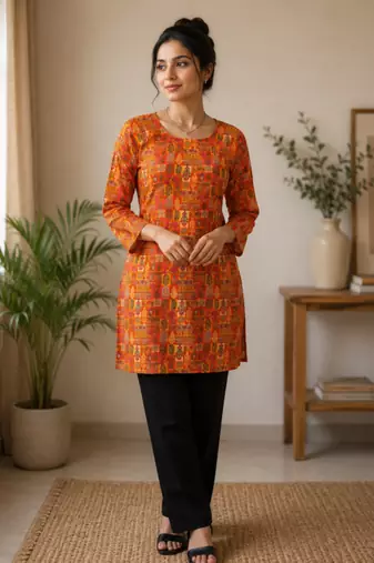 Orange colour elegant floral printed rayon kurti casual wear collection