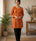 Orange colour elegant floral printed rayon kurti casual wear collection