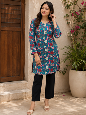 Blue colour elegant floral printed rayon kurti casual wear collection 1
