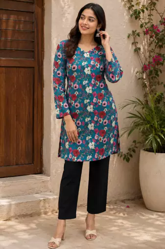 Blue colour elegant floral printed rayon kurti casual wear collection