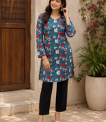Blue colour elegant floral printed rayon kurti casual wear collection