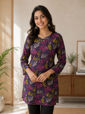 Dark neavy blue colour elegant floral printed rayon kurti casual wear collection 1