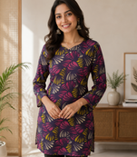 Dark neavy blue colour elegant floral printed rayon kurti casual wear collection