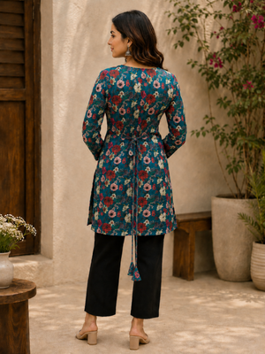 Blue colour elegant floral printed rayon kurti casual wear collection 2