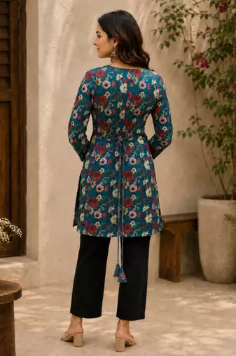 Blue colour elegant floral printed rayon kurti casual wear collection