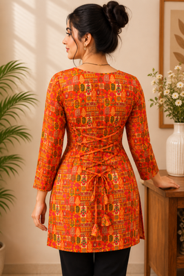 Orange colour elegant floral printed rayon kurti casual wear collection 2