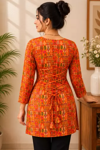 Orange colour elegant floral printed rayon kurti casual wear collection