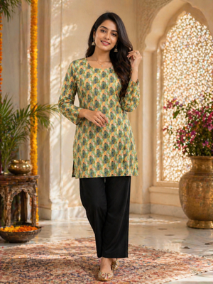 Light green colour elegant floral printed rayon kurti casual wear collection 1