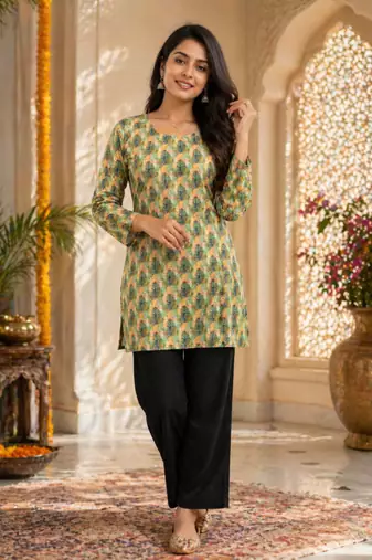 Light green colour elegant floral printed rayon kurti casual wear collection