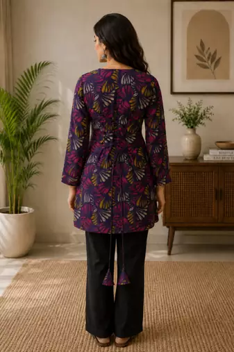 Dark neavy blue colour elegant floral printed rayon kurti casual wear collection