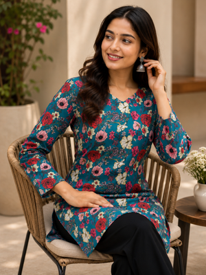 Blue colour elegant floral printed rayon kurti casual wear collection 3