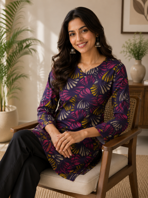 Dark neavy blue colour elegant floral printed rayon kurti casual wear collection 3