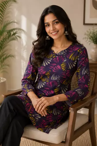 Dark neavy blue colour elegant floral printed rayon kurti casual wear collection