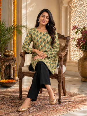 Light green colour elegant floral printed rayon kurti casual wear collection 3