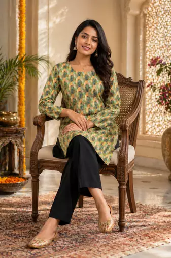 Light green colour elegant floral printed rayon kurti casual wear collection