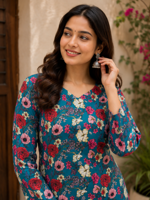 Blue colour elegant floral printed rayon kurti casual wear collection 4