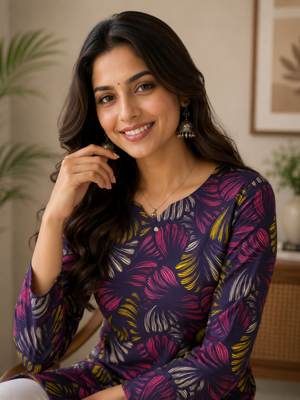 Dark neavy blue colour elegant floral printed rayon kurti casual wear collection 4