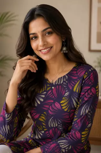 Dark neavy blue colour elegant floral printed rayon kurti casual wear collection