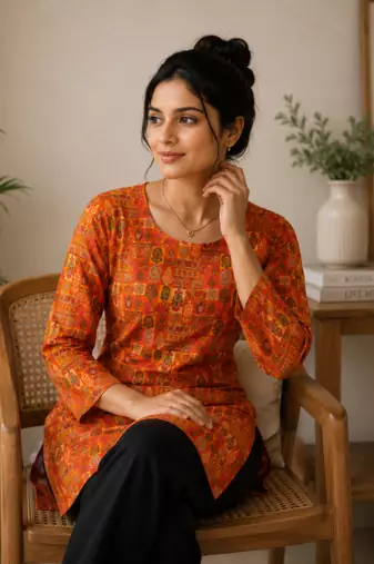 Orange colour elegant floral printed rayon kurti casual wear collection