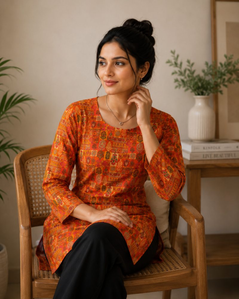 Orange colour elegant floral printed rayon kurti casual wear collection