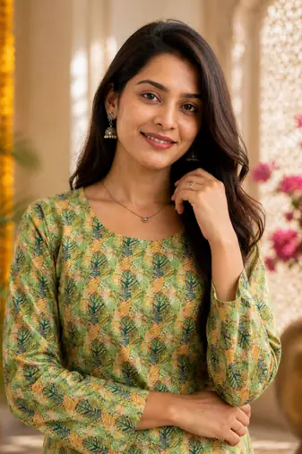 Light green colour elegant floral printed rayon kurti casual wear collection