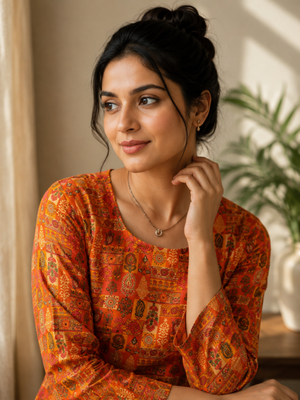 Orange colour elegant floral printed rayon kurti casual wear collection 4