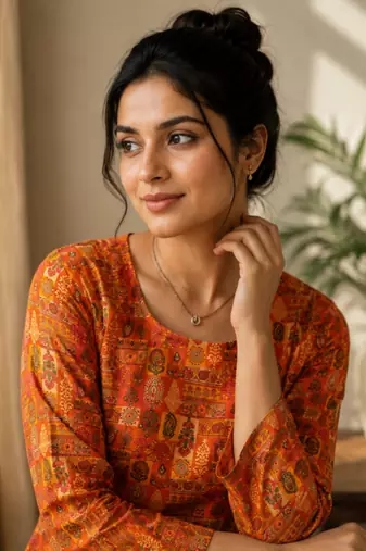 Orange colour elegant floral printed rayon kurti casual wear collection