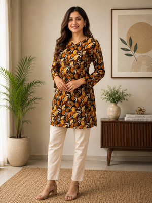Black colour elegant floral printed rayon kurti casual wear collection 1