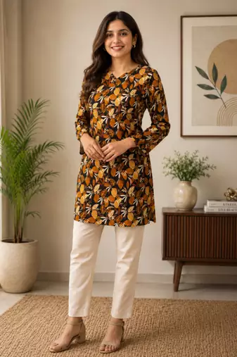 Black colour elegant floral printed rayon kurti casual wear collection