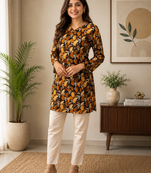 Black colour elegant floral printed rayon kurti casual wear collection