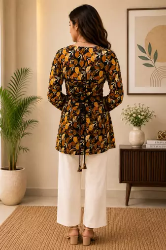 Black colour elegant floral printed rayon kurti casual wear collection
