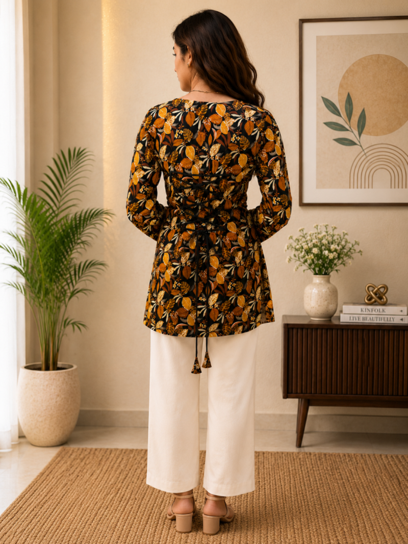 Black colour elegant floral printed rayon kurti casual wear collection