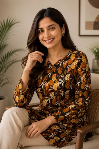 Black colour elegant floral printed rayon kurti casual wear collection