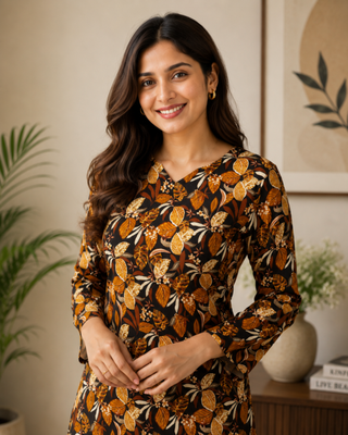 Black colour elegant floral printed rayon kurti casual wear collection 4