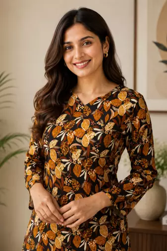 Black colour elegant floral printed rayon kurti casual wear collection