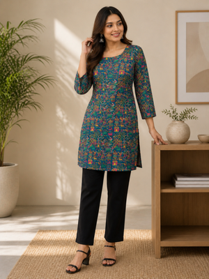 Teal blue colour elegant floral printed rayon kurti casual wear collection 1
