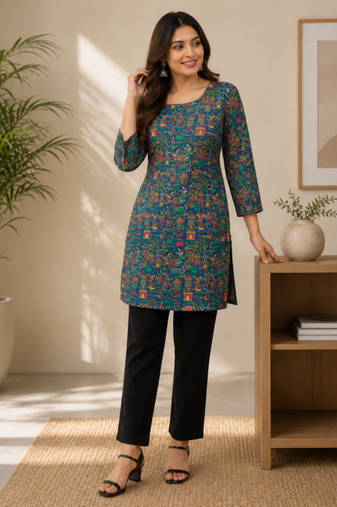 Teal blue colour elegant floral printed rayon kurti casual wear collection