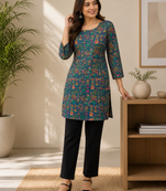Teal blue colour elegant floral printed rayon kurti casual wear collection